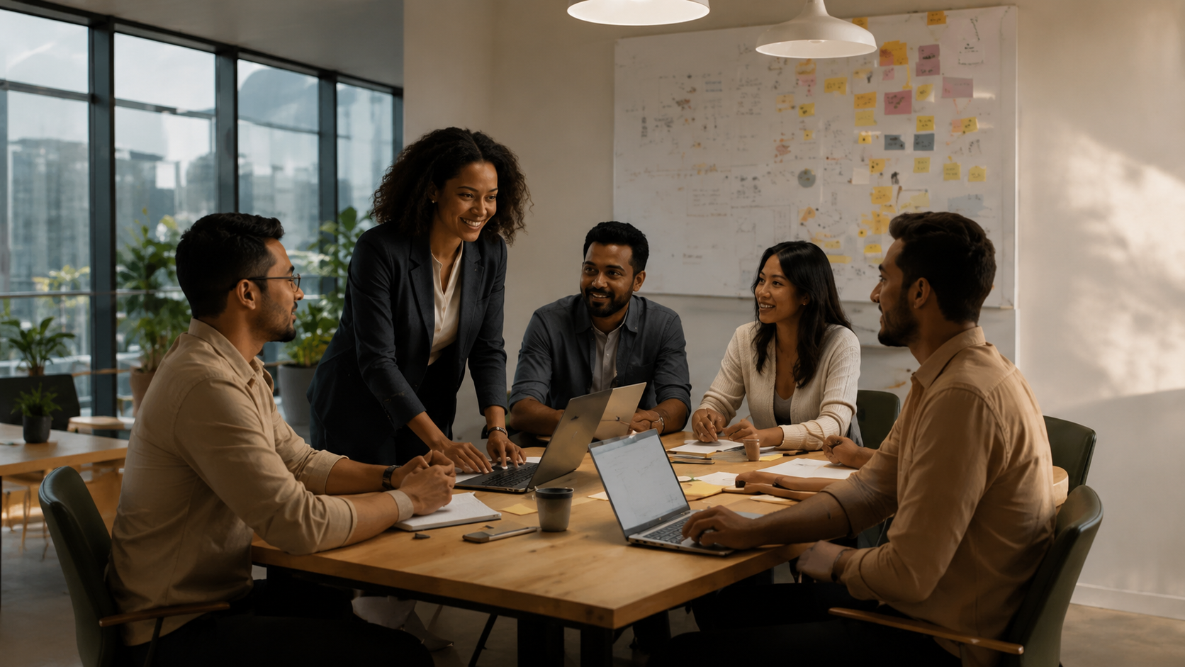 Equipe reunida em um ambiente corporativo colaborativo